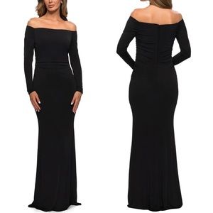 New La Femme Off the Shoulder Long Sleeve Jersey Gown Size 8